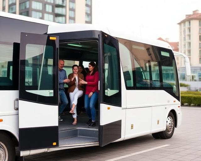 Пасажири біля мікроавтобуса PassTrans